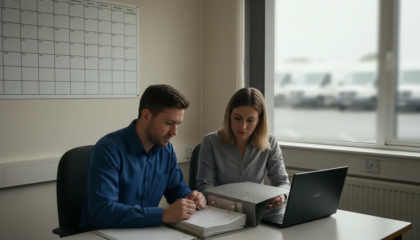 An auditor and transport manager reviewing maintenance records