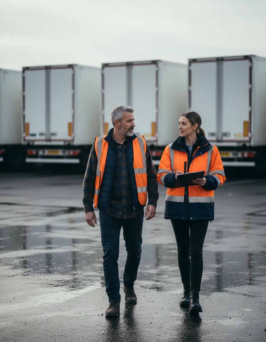 A J&JL consultant walking a haulage yard with a transport manager on a wet morning