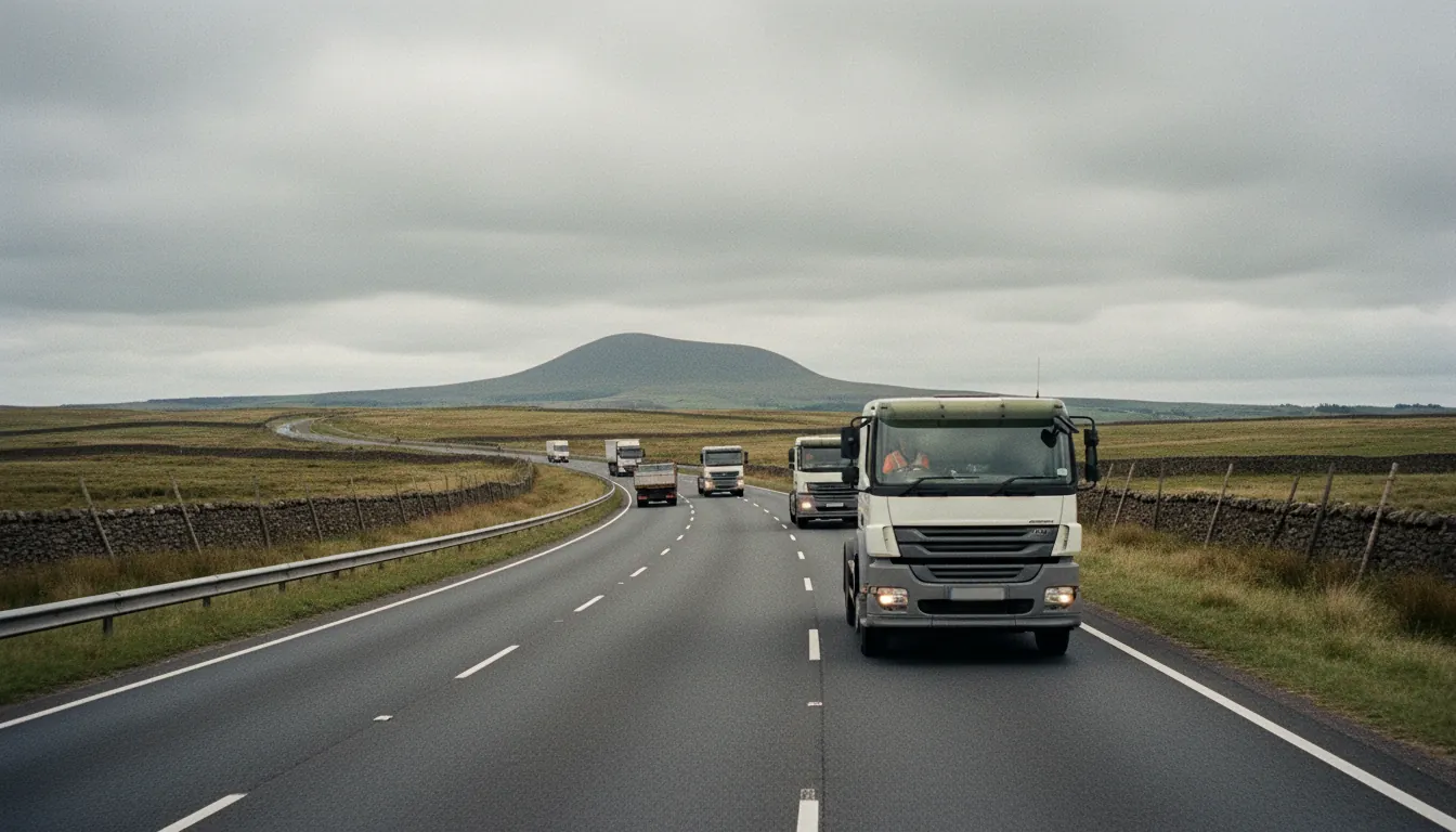 Lorries on a motorway crossing the Lancashire moors with Pendle Hill in the distance under an overcast sky