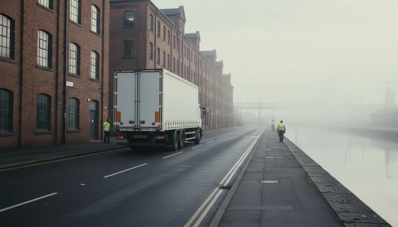 Articulated lorry driving past industrial warehouses beside the Manchester Ship Canal at Trafford Park in early morning light