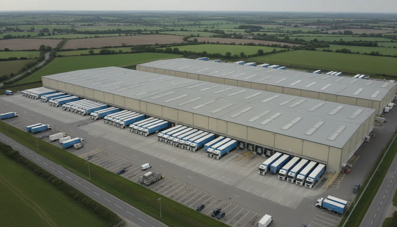 Aerial view of large distribution warehouses at a Midlands logistics park with lorries reversed onto loading doors and green countryside around