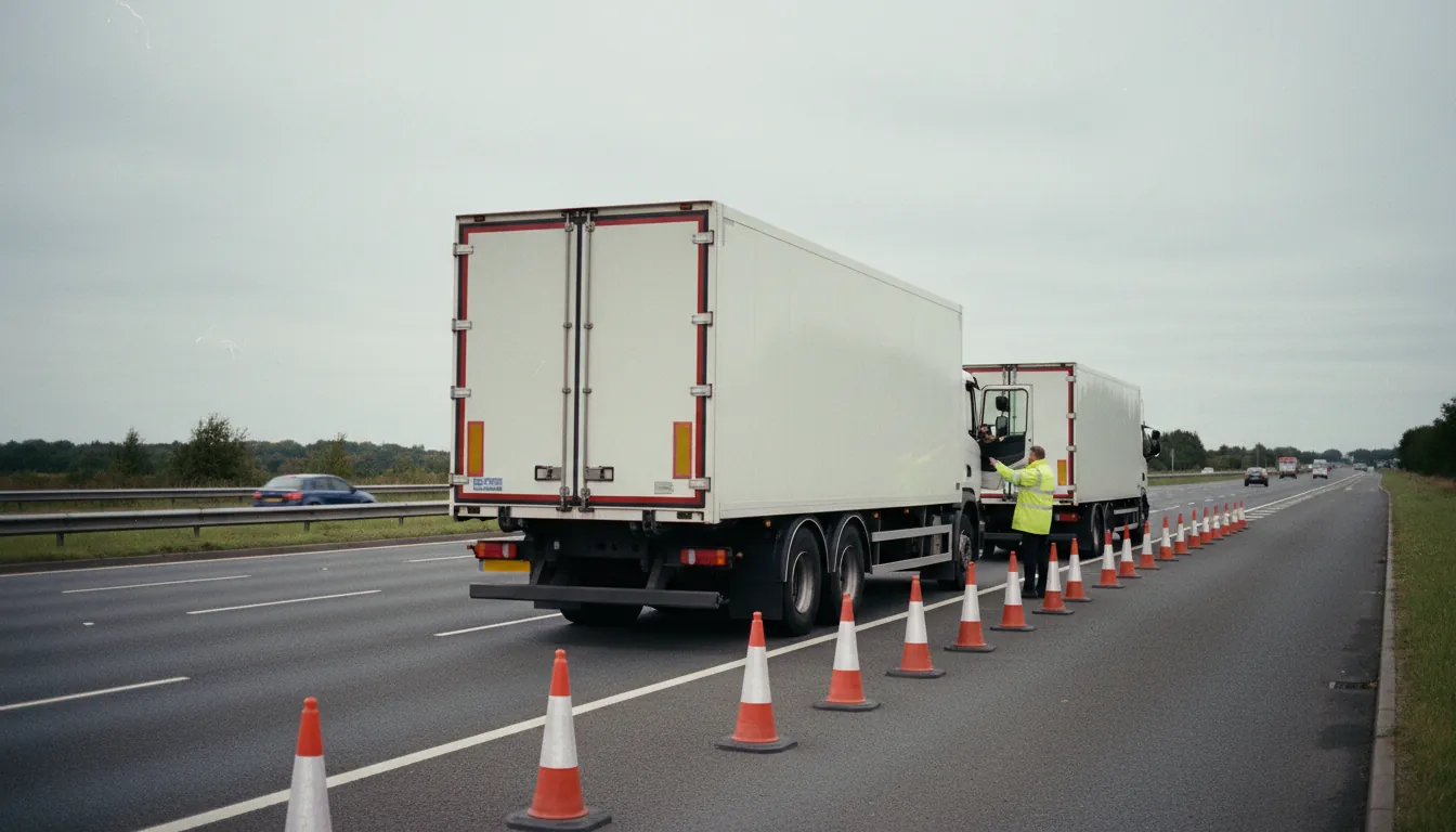 A DVSA-style roadside check with an officer talking to a lorry driver