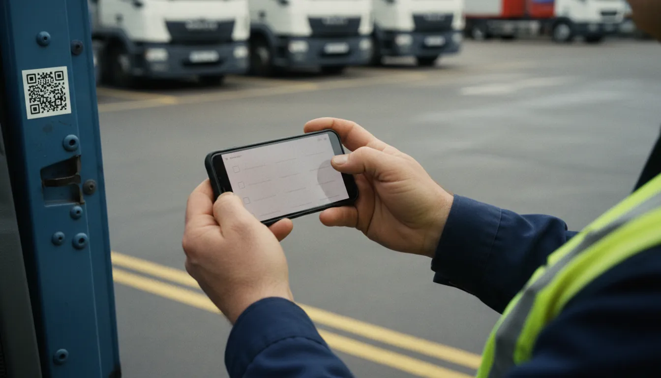 A driver scanning a QR code in the cab door to start a walkaround check