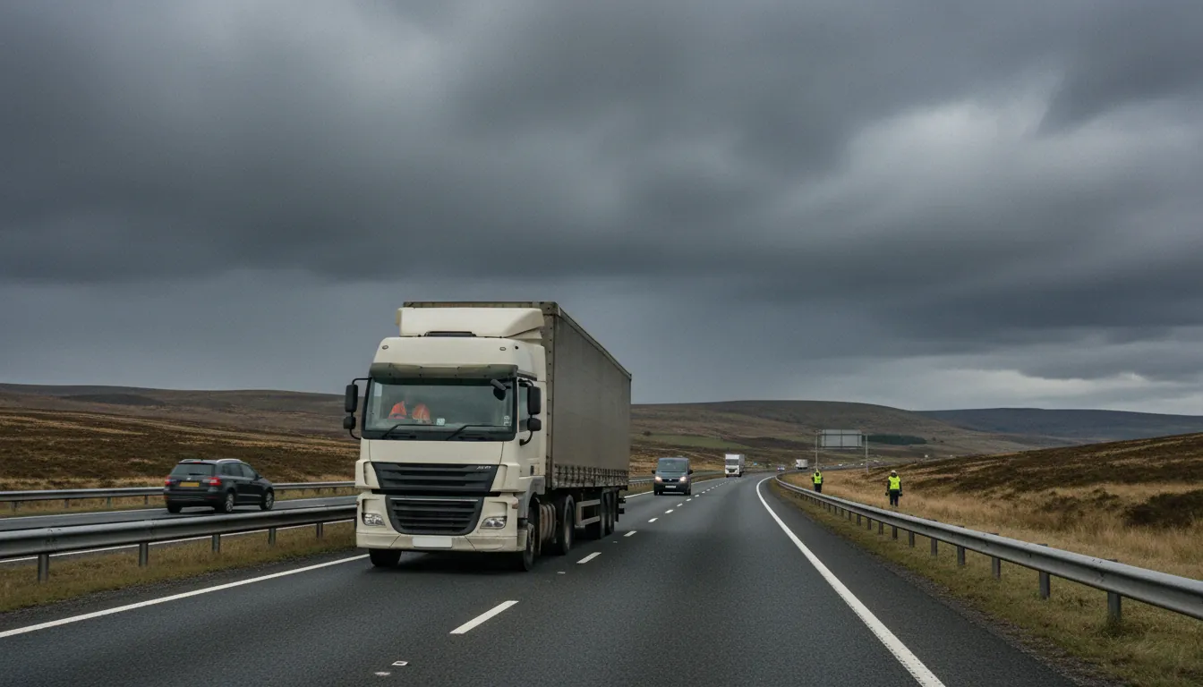 Tractor unit and trailer on the M62 crossing the high Pennine moors under a dramatic grey sky