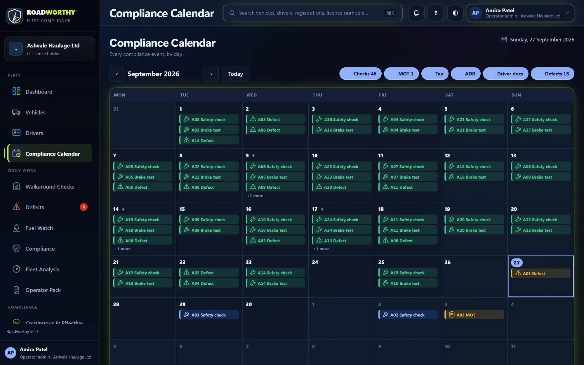 The Roadworthy compliance calendar for September with sample inspections and MOTs