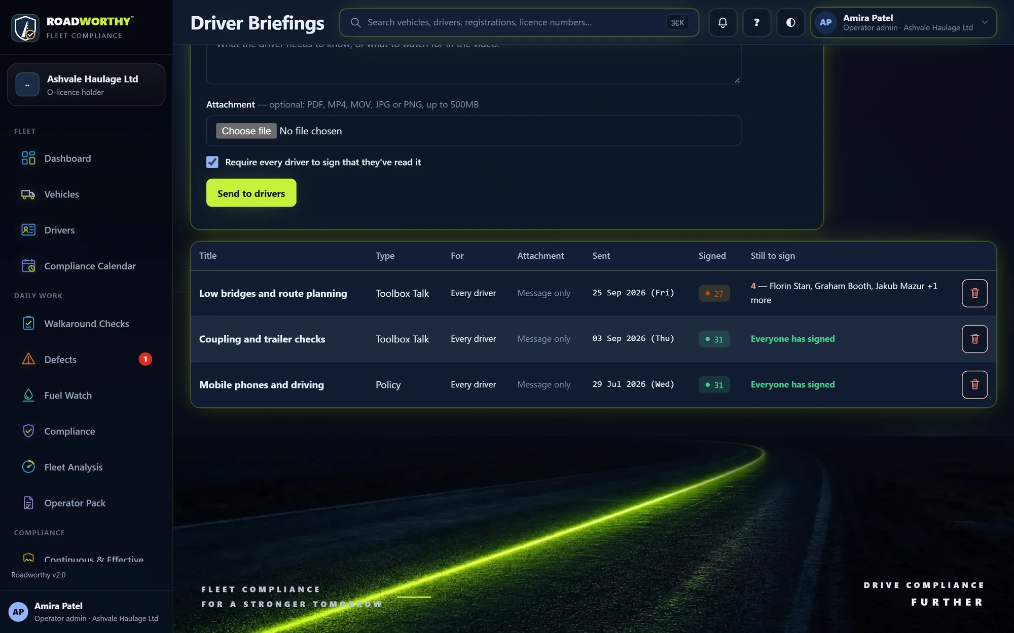 Roadworthy driver briefings with signature status, sample data