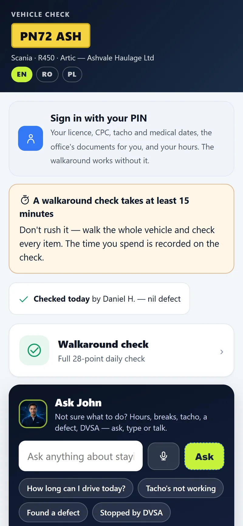 The page a driver sees after scanning the cab QR card