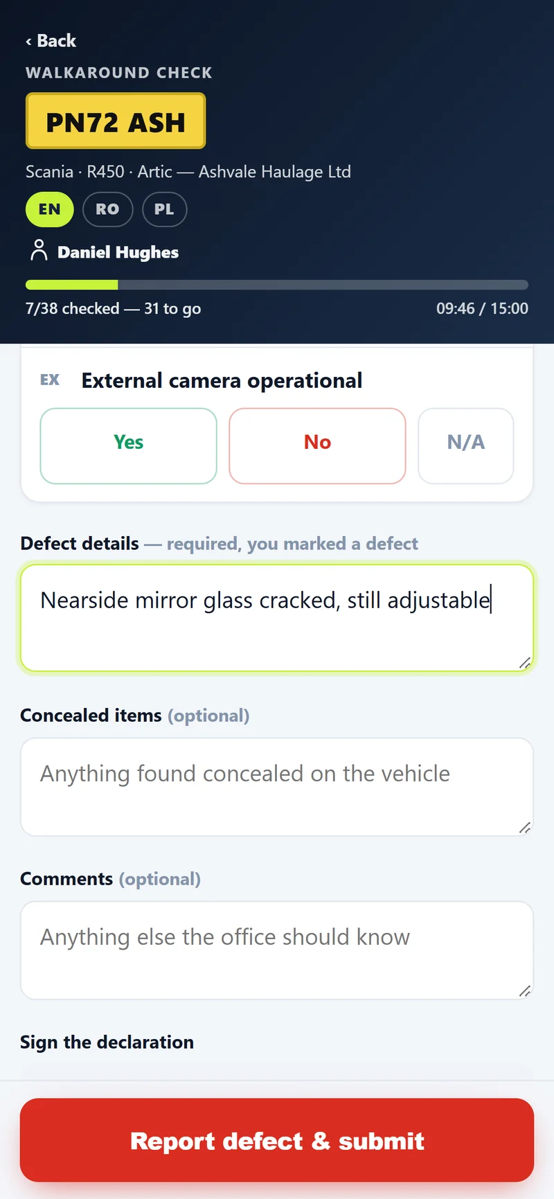 Reporting a defect with details